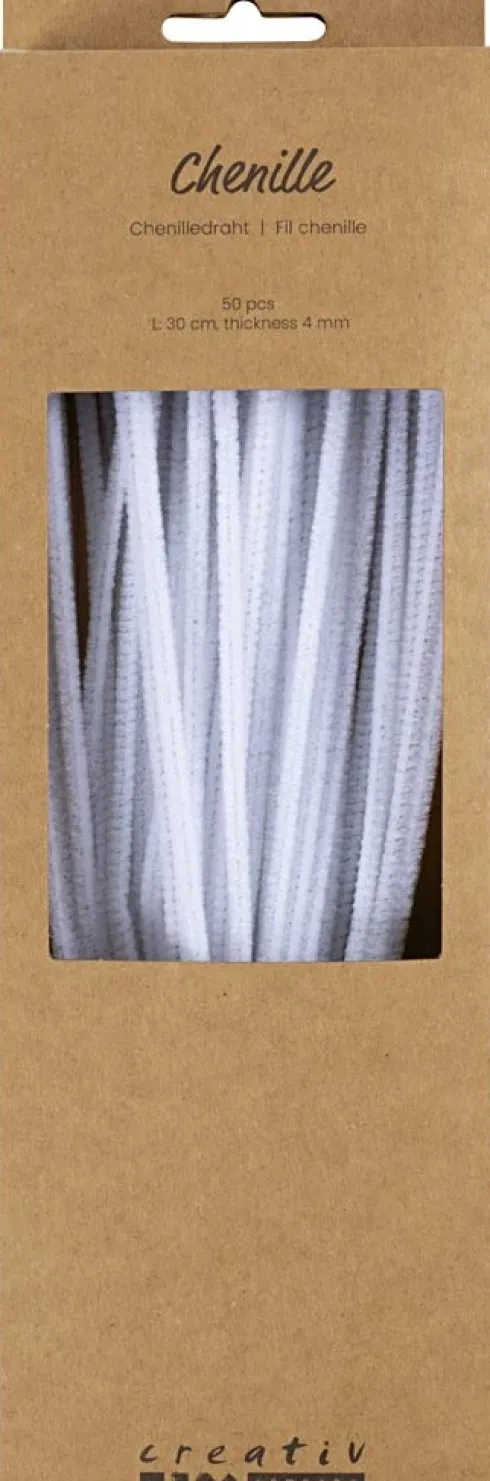 Chenille - L 30 CM - Tykkelse 4 MM - Hvid - 50 Stk