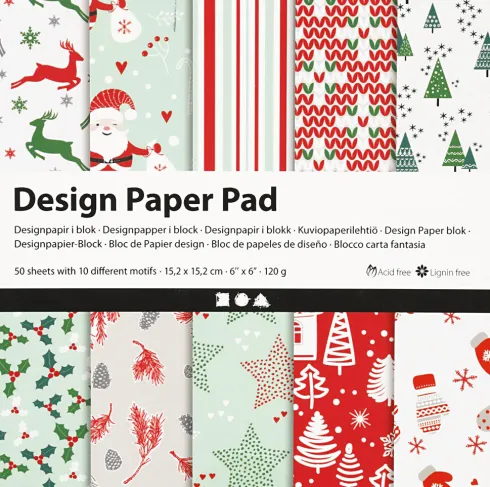 Designpapir I Blok - 15,2X15,2 CM - 120 G - Grøn Rød - Hvid - 50 Ark