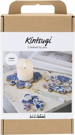 DIY Kit Kintsugi - Coasters - Blå - Guld - Lys Rød - Hvid