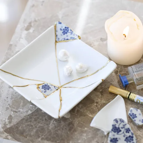 DIY Kit Kintsugi - Fad - Blå - Guld - Hvid