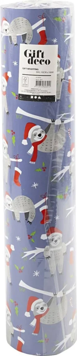 Gavepapir - Dovendyr Med Nissehue - Lilla - B 50 CM - 80 G - 100 M