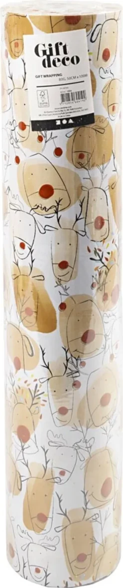 Gavepapir - Rensdyr - Rød - B 50 CM - 80 G - Beige - 100 M