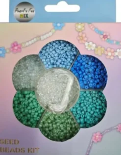 Glasperlemix 90G Blå/Grøn/Klar + Elastik, Ophæng - Pearl N Fun