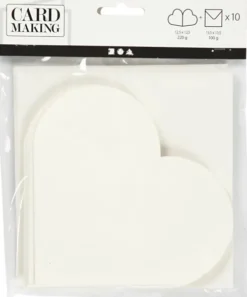 Hjertekort - Kort Str. 12,5X12,5 CM - Kuvert Str. 13,5X13,5 CM - Råhvid - 10 Sæt