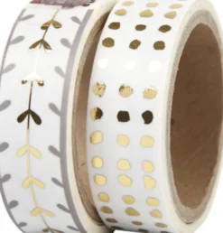 Masking Tape - Hjerter Og Prikker - Folie - B 15 MM - Guld - Hvid - 2X4 M
