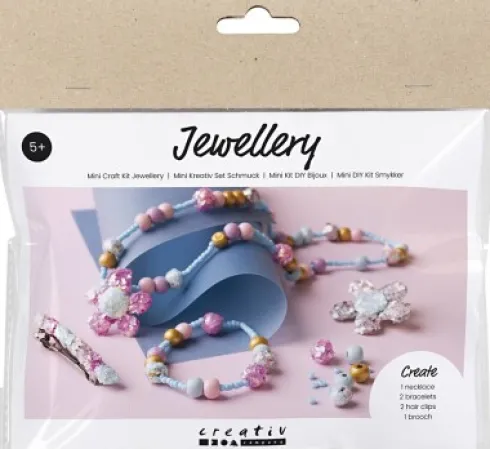 Mini DIY Kit Smykker - Halskæde - Armbånd - Spænder - Broche - Blå - Lys Blå - Pastelpink - 1Pk