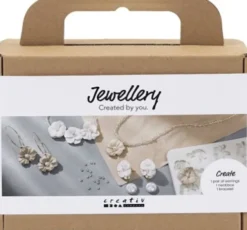 Mini DIY Kit Smykker - Øreringe - Armbånd Og Halskæde Med Blomsterdesign - Beige - Lys Pudder - Varm Beige
