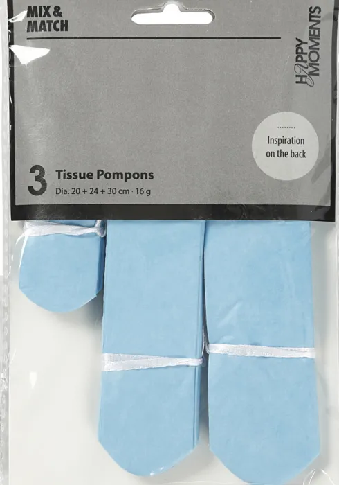 Papir Pomponer - Ø 20+24+30 CM - 16 G - Lyseblå - 3 Stk