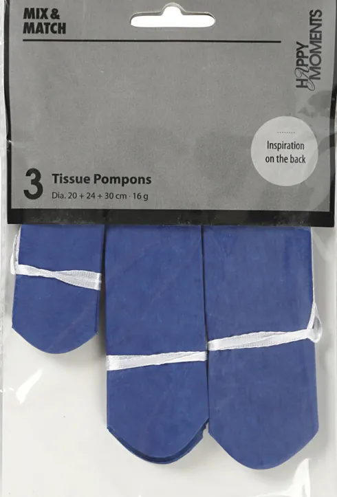Papir Pomponer - Ø 20+24+30 CM - 16 G - Mørk Blå - 3 Stk