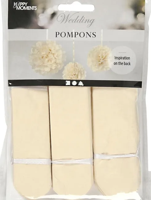 Papir Pomponer - Ø 20+24+30 CM - 16 G - Råhvid - 3 Stk