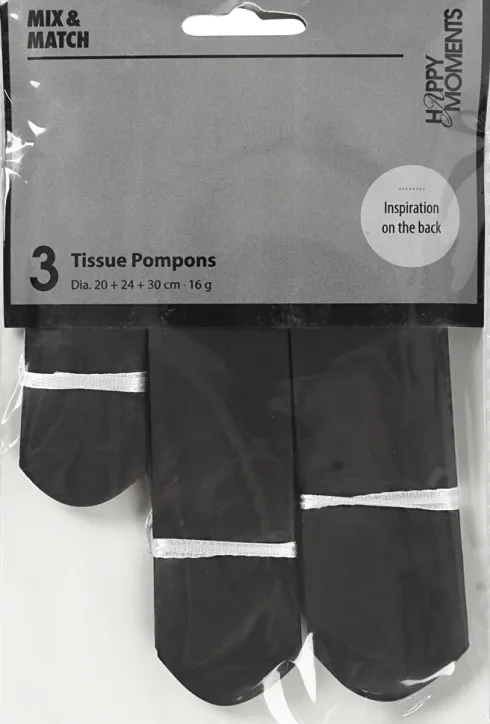 Papir Pomponer - Ø 20+24+30 CM - 16 G - Sort - 3 Stk