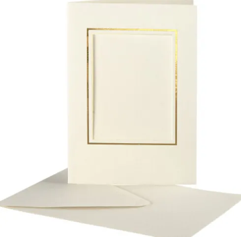 Passepartoutkort Med Kuvert - Rektangulær Med Guldkant - Kort Str. 10,5X15 CM - Kuvert Str. 11,5X16,5 CM - Råhvid - 10 Sæt