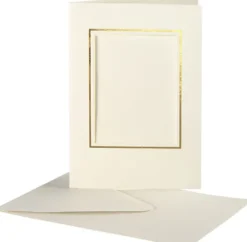 Passepartoutkort Med Kuvert - Rektangulær Med Guldkant - Kort Str. 10,5X15 CM - Kuvert Str. 11,5X16,5 CM - Råhvid - 10 Sæt