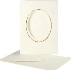 Passepartoutkort Med Kuvert - Oval Med Guldkant - Kort Str. 10,5X15 CM - Kuvert Str. 11,5X16,5 CM - Råhvid - 10 Sæt