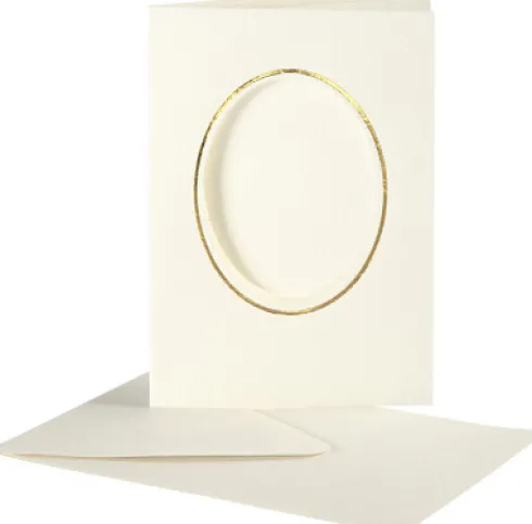 Passepartoutkort Med Kuvert - Oval Med Guldkant - Kort Str. 10,5X15 CM - Kuvert Str. 11,5X16,5 CM - Råhvid - 10 Sæt