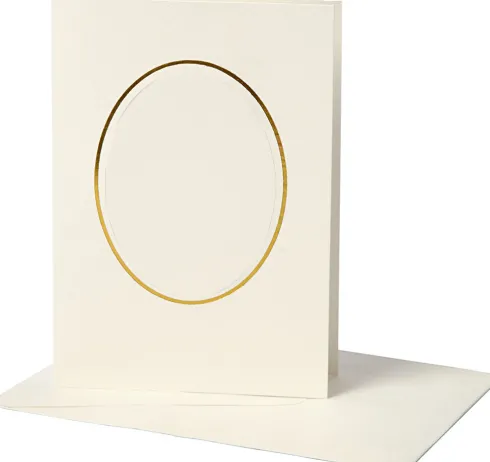 Passepartoutkort Med Kuvert - Oval Med Guldkant - Kort Str. 10,5X15 CM - Kuvert Str. 11,5X16,5 CM - Råhvid - 10 Sæt