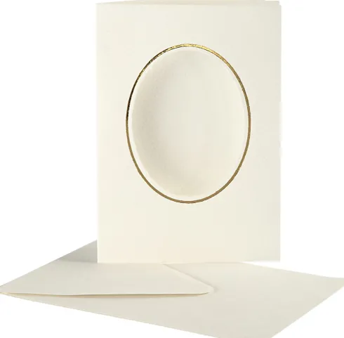 Passepartoutkort Med Kuvert - Oval Med Guldkant - Kort Str. 10,5X15 CM - Kuvert Str. 11,5X16,5 CM - Råhvid - 10 Sæt