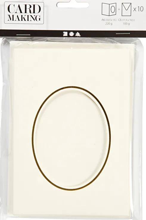 Passepartoutkort Med Kuvert - Oval Med Guldkant - Kort Str. 10,5X15 CM - Kuvert Str. 11,5X16,5 CM - Råhvid - 10 Sæt