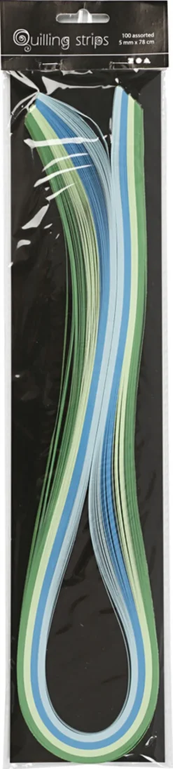Quillingpapir - L 78 CM - B 5 MM - 120 G - Blå - Grøn - Limegrøn - Turkis - 100 Stk