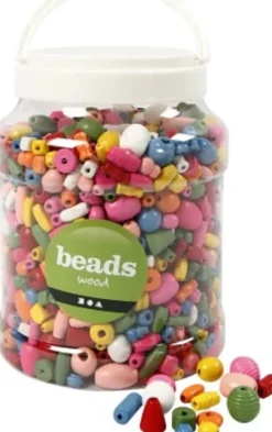 Træperler - Ø 5-28 MM - Hulstr. 2,5-3 MM - Assorterede Farver - 800 G - 2 L/ 1 Spand
