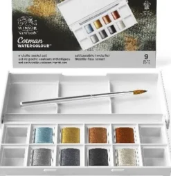 Winsor & Newton - Akvarelfarve Pan Sæt - 9 Dele - Metallic Pocket