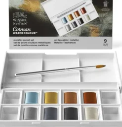 Winsor & Newton - Akvarelfarve Pan Sæt - 9 Dele - Metallic Pocket