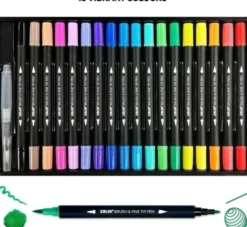 Zieler - 18 Brush & Fine Tip Pens - Dobbeltender - Vandbaseret