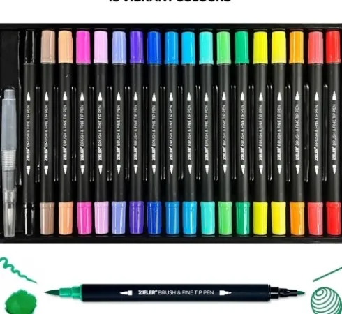 Zieler - 18 Brush & Fine Tip Pens - Dobbeltender - Vandbaseret